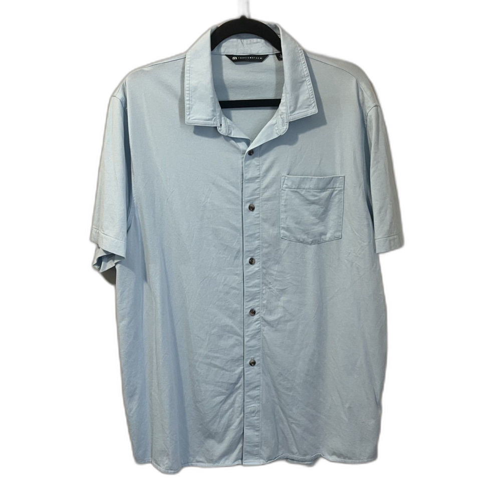 Travis Mathew Shirt Men L Blue Short Sleeve Button Up Stretch Casual Solid